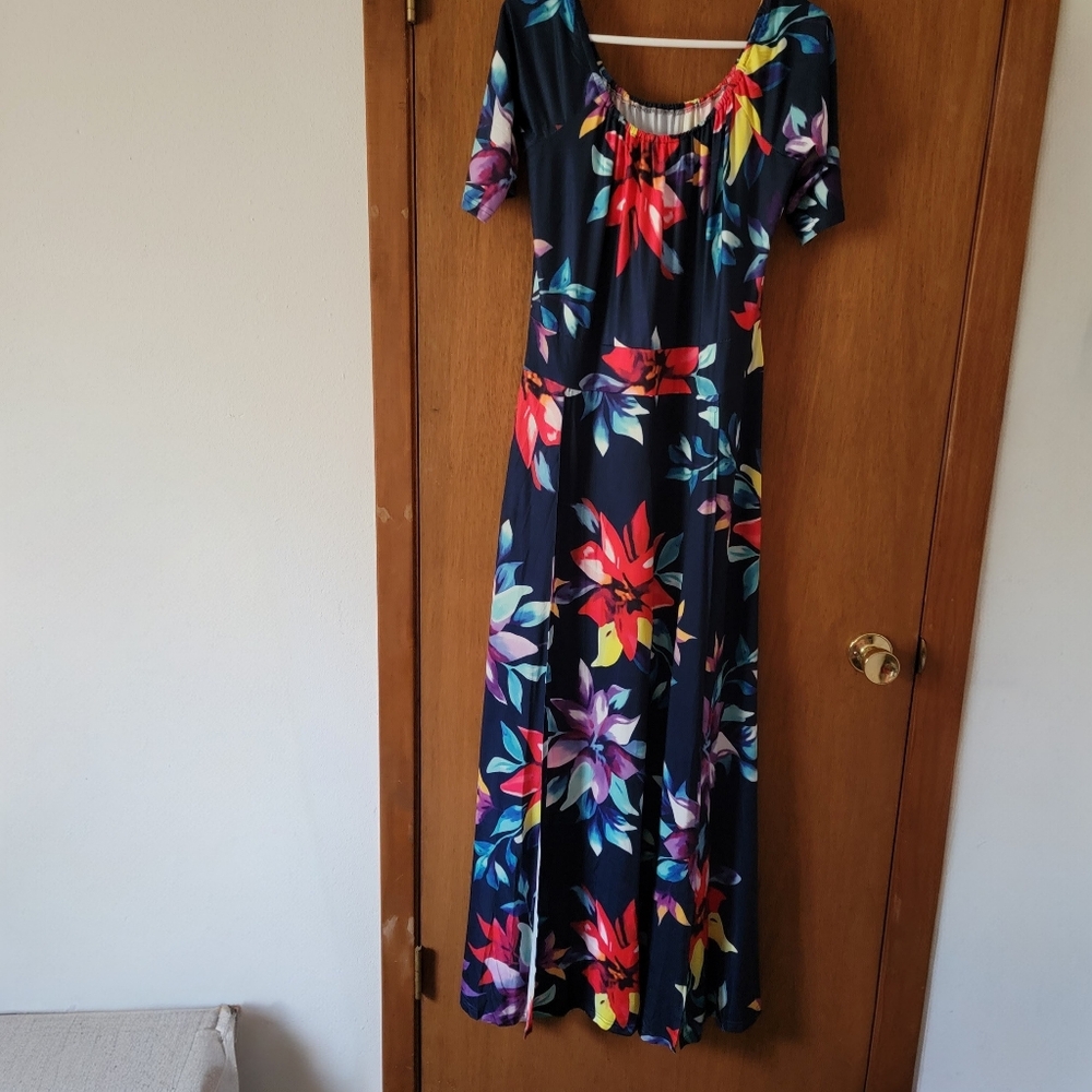 Vibrant Floral Maxi Dress With Slit Front Panels Showing Shorts Beneath - Picture 2 of 10